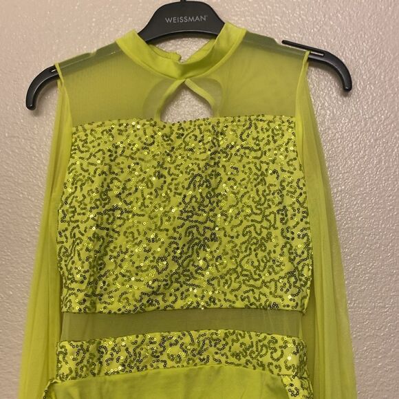 WEISSMAN Dance Costume Poet neon yellow sequin All I Am 11714 LC-large child - Picture 3 of 11